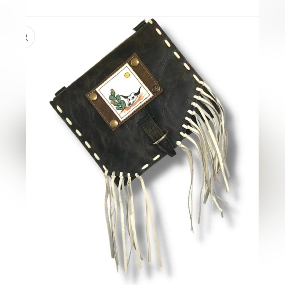 Pure Dixie Faith Dark Brown Leather Pouch with White Fringe Adjustable Crossbody
